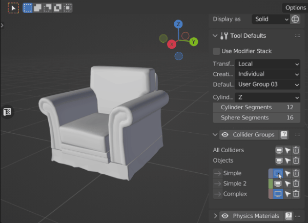 Toggle Physics Material and Collider Group display