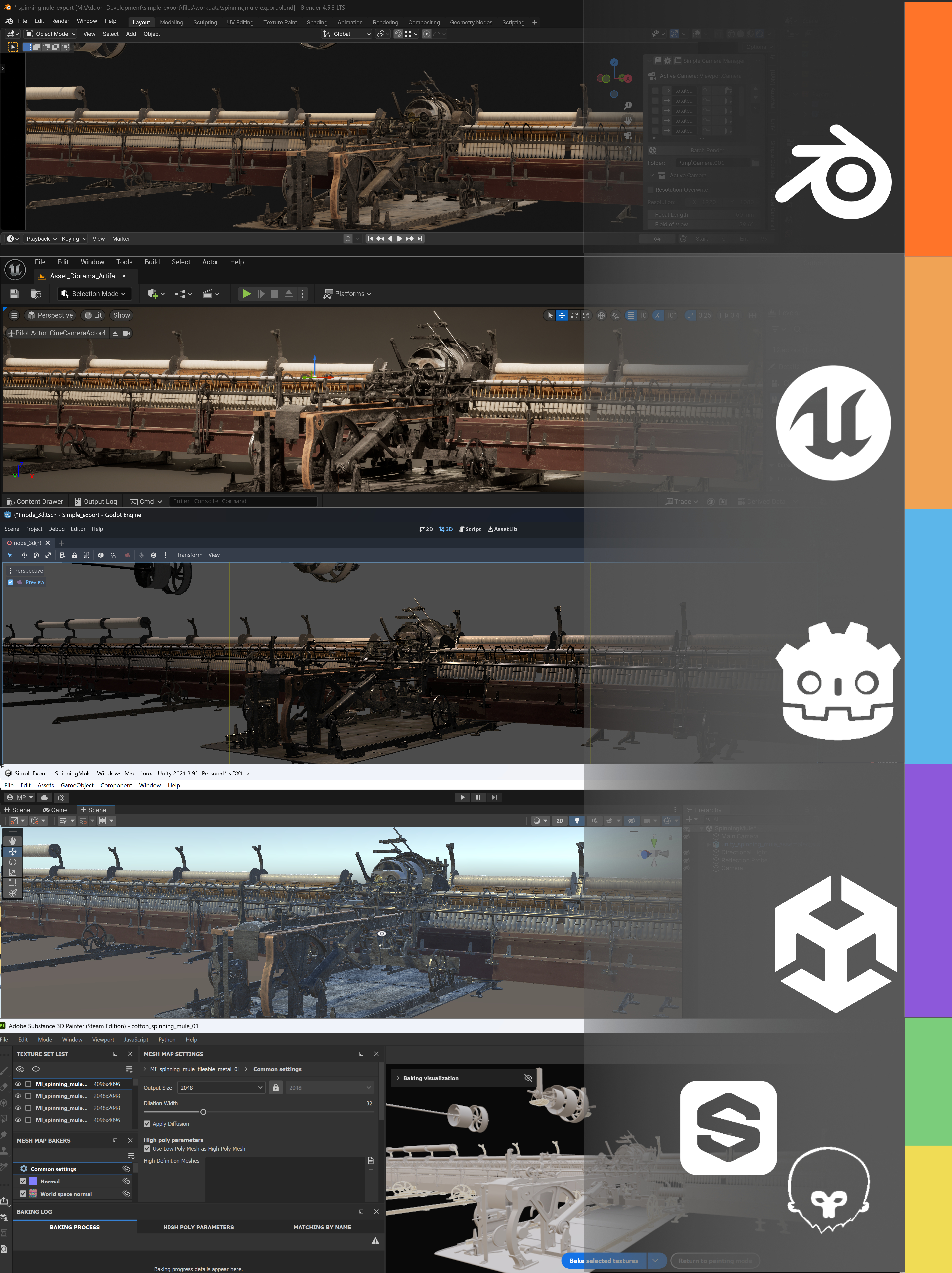 Image showing an asset in Blender and then in different engines