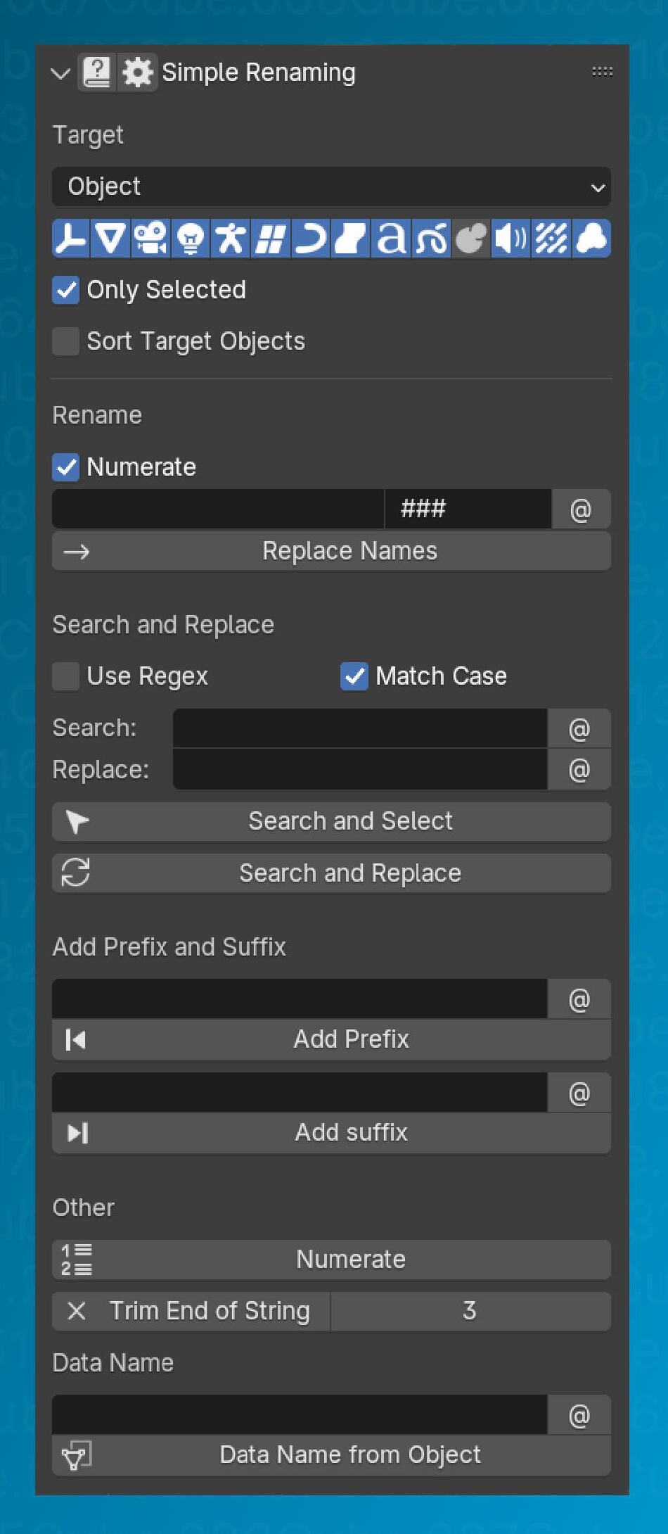 Simple Renaming panel showing rename, search and replace, and prefix/suffix controls