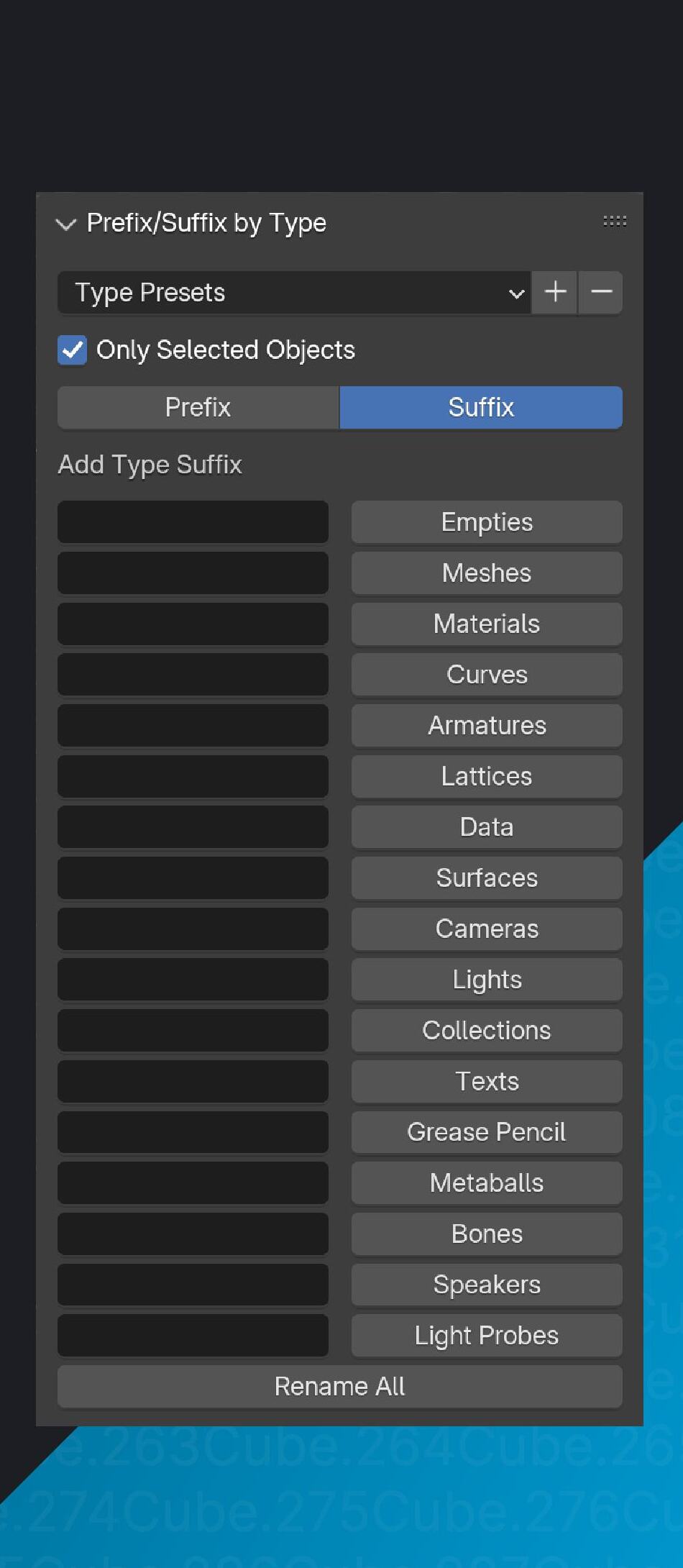 Prefix/Suffix by Type panel showing per-type rename fields for meshes, materials, cameras, and more