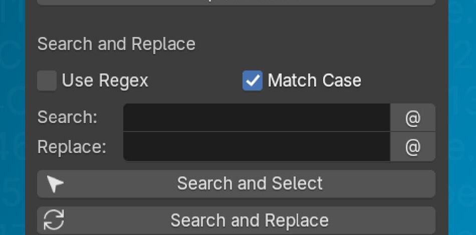 Search and Replace panel with regex and match case options